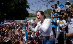 Maria Corina Machado, candidate de l'oppsoition à la présidentielle au Venezuela le 28 juillet, lors de son discours à Mariara, le 13 mars 2024