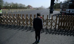 Un jeune garçon rend hommage aux morts du coronavirus lors d'une moment de recueillement national, à Pékin place Tiananmen, le 4 avril 2020