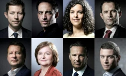 Montage photos du 26 avril 2019 des principaux candidats tĂȘtes de listes aux Ă©lections europĂ©ennes (g-d, h-b): François-Xavier Bellamy (LR), RaphaĂ«l Glucksmann (Place Publique /PS), Manon Aubry (LFI), BenoĂźt Hamon (GĂ©nĂ©rations), Yannick Jadot (EELV), Nathalie Loiseau (LREM), Nicolas Dupont-Aignan (Debout la France), Jordan Bardella (RN)