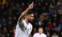 Olivier Giroud exulte après avoir inscrit son 34e but en équipe de France face à la Moldavie, en qualif pour l'Euro-2020, le 22 mars 2019 à Chisinau