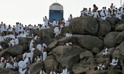 Des pÚlerins musulmans prient le 10 août 2019 sur le mont Arafat, prÚs de La Mecque, en Arabie saoudite, à l'occasion du hajj
