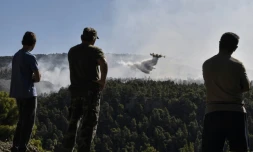 Des habitants regardent un Canadair larguer de l'eau prÚs du village de Kontodespoti sur l'ßle d'Eubée, au nord-est d'AthÚnes, le 14 août 2019