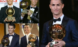 Combinaison de photos créée le 7 décembre 2017 de Cristiano Ronaldo Ballon d'or en 2008, 2013, 2015, 2016 et 2017 (g à d, ht en b)