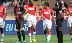 Les attaquant de Monaco Islam Slimani (g) et Wissam Ben Yedder lors du match de L1 contre Nßmes à Louis II, le 25 août 2019