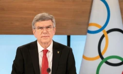 Le président du Comité international olympique (CIO), Thomas Bach, au siÚge de l'organisation à Lausanne, le 10 mars 2021
