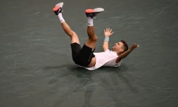 Le Serbe Filip Krajinovic après sa victoire face à l'Américain John  Isner en demi-finale du tournoi de Paris-Bercy, le 4 novembre 2017  