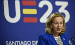 Nadia Calviño, lors d'une conférence de presse à l'issue du conseil informel des affaires économiques et financiÚres (ECOFIN) à la Cité de la Culture de Saint-Jacques-de-Compostelle, le 16 septembre 2023