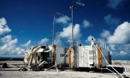 Site d'essai nucléaire sur l'atoll de Moruroa, en octobre 1985