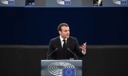 Le président Emmanuel Macron prononce un discours devant les membres du Parlement européen, le 17 avril 2018 à Strasbourg