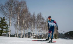 Le Français Benjamin Daviet lors de l'épreuve du 20 km libre de ski de fond aux Jeux Paralympiques d'Hiver de Pyeonchang, le 12 mars 2018 