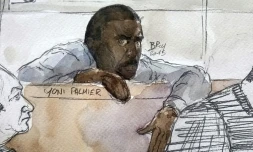 Croquis montrant Yoni Palmier au premier jour de son procès à Evry le 31 mars 2015