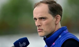 L'entraĂźneur de Chelsea Thomas Tuchel avant la demi-finale aller de Ligue des champions contre le Real Madrid, le 27 avril 2021 au stade Alfredo Di Stefano