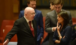 L'ambassadeur russe Vassily Nebenzia avec l'ambassadrice des Nations Unies Nikki Haley lors d'un Conseil de Sécurité à l'ONU à New York, le 18 avril 2018