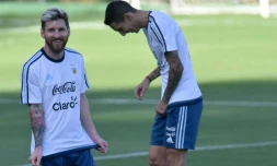 Les Argentins Lionel Messi et Angel Di Maria, à l'entraînement le 8 novembre 2016 à Vespasiano au Brésil