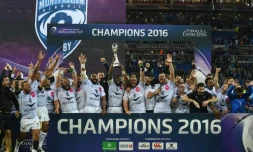 L'équipe Montpellier Hérault Rugby vcictorieuse du Challenge européen devant les Harlequins, le 13 mars 2016 au Parc OL