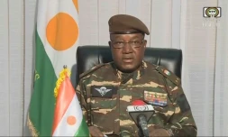 Le général Abdourahamane Tiani, nouvel homme fort du Niger, s'exprime à la télévision nationale le 28 juillet 2023.