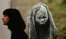 Une femme passe devant une photographie de l'artiste allemand Hans Silvester exposée au ST-ART de Strasbourg, le 26 novembre 2015