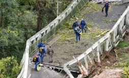 Les sauveteurs sur le pont suspendu, Ă Mirepoix-sur-Tarn, prĂšs de Toulouse, le 18 novembre 2019