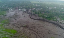 Photo prise et diffusée le 12 mai 2024 par l'Agence indonésienne de gestion des désastres (BNPB), montrant des zones endommagées par des crues éclair et une coulée de lave froide, à Tanah Datar, Sumatra (Indonésie)