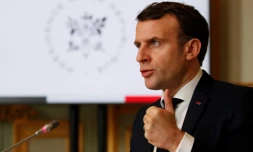 Le président français Emmanuel Macron lors d'une vidéo-conférence avec les représentants du G5 Sahel, le 16 février 2021 à Paris.