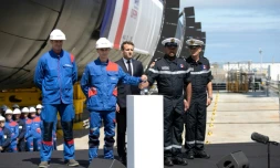 Le président Macron lors de la cérémonie de lancement du Suffren à Cherbourg, le 12 juillet 2019