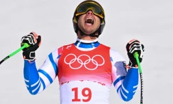 Le Français Johan Clarey après la descente des Jeux olympiques de Pékin, le 7 février 2022 à Yanqing