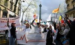 Manifestation des infirmiÚres libérales pour exiger plus de reconnaissance et une revalorisation face à l'inflation à Paris, le 4 avril 2024