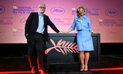 Le délégué général du Festival de Cannes, Thierry Frémaux (g), et la présidente du festival, Iris Knobloch, pour l'annonce de la sélection officielle de la 79e édition, à Paris, le 9 avril 2026