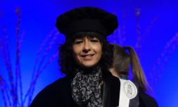 La microbiologiste Emmanuelle Charpentier, le 10 février 2016 à l'université de Leuven, en Belgique