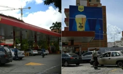 Montage photo montrant, Ă droite, une station service Ă Caracas, le 25 juillet 2019, et, Ă gauche, une station service Ă Maracaibo le 23 juillet 2019