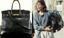 Cette combinaison de photos montre le sac Birkin ayant appartenu à l'artiste, pris chez Sotheby's à Paris le 2 juillet 2025 et Jane Birkin arrivant à l'Elysée avec ledit sac le 9 mai 1990
