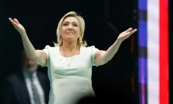 La cheffe de file des députés du Rassemblement National (RN) Marine Le Pen lors de la Convention "Europa Viva 24" à laquelle participent une dizaine de partis nationalistes européens, le 19 mai 2024 à Madrid