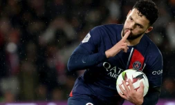 Gonçalo Ramos, auteur de l'égalisation sur penalty pour le PSG face à Rennes, le 25 février 2024 au Parc des princes