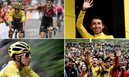 Photo montage axée sur le Colombien Egan Bernal, maillot jaune du Tour de France, lors de la 20e étape, le 27 juillet 2019 à Val Thorens