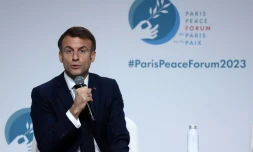 Le président Emmanuel Macron à l'ouverture du Forum de la paix, le 10 novembre 2023 à Paris