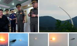 Images de l'agence officielle nord-coréenne KCNA prises le 23 août 2025 montrant le test de missiles anti-aériens, supervisé par Kim Jong Un