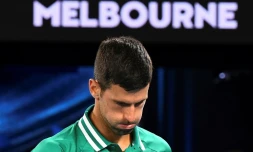 Le Serbe Novak Djokovic le 12 février 2021 lors de son match de l'Open d'Australie contre l'Américain Taylor Fritz à Melbourne