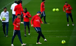 Zlatan Ibrahimovic passe le ballon, le 1er avril 2016 lors d'un entraînement du Paris SG à Saint-Germain-en-Laye