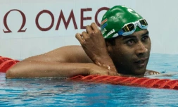 Le nageur sud-africain Achmat Hassiem aprĂšs le 100 m nage libre (S10), le 13 septembre 2016 Ă Rio lors des Jeux paralympiques