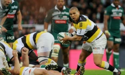 Le demi de mêlée de La Rochelle Enrico Januarie (d) capture le ballon lors du match  face à Pau, le 25 mars 2017 à Pau  