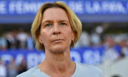 La sélectionneuse de l'Allemagne Martina Voss-Tecklenburg lors du match face à l'Afrique du Sud le 17 juin 2019 à Montpellier lors du Mondial