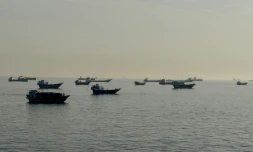 Des navires dans le détroit d'Ormuz au large de la ville omanaise de Khasab, le 17 mai 2026