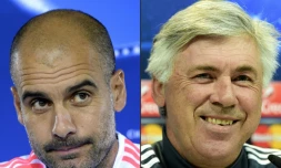 Photo montage de l'entraîneur du Bayern Pep Guardiola (g) et et de l'ex-technicien du Real Madrid Carlo Ancelotti, le 20 décembre 2015 à Paris