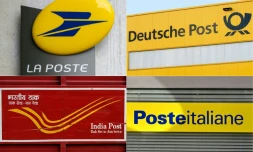 Montage photos du 6 septembre 2025 des logos du service postal français La Poste, de l'opérateur allemand Deutsche Post, de l'opérateur indien India Post et de l'opérateur italien Poste Italiane
