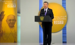 Le président de la Colombie, Juan Manuel Santos, annonce en conférence de presse un cessez-le-feu bilatéral avec la guérilla de l'ELN, le 4 septembre 2017 à Bogota