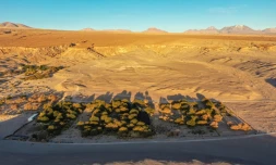 Vue aérienne du domaine viticole de Chajnantor, propriété de Samuel Varas, en plein désert d'Atacama, San Pedro de Atacama, Chili, le 17 mai 2022