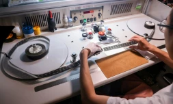 Un technicien inspecte la pellicule d'un vieux film à l'Institut taïwanais du cinéma et de l'audiovisuel (TFAI), le 23 juin 2026 à Taipeï

