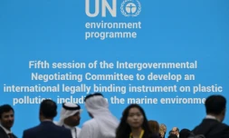 Rassemblement à l'ouverture de la cinquième session des négociations sur un traité mondial contre la pollution plastique, à Busan, en Corée du Sud, le 25 novembre 2024