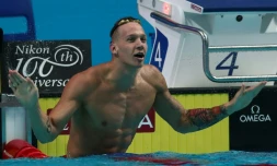 L'Américain Caeleb Dressel à l'issue du 50 m nage libre, remporté aux Mondiaux de Budapest, le 29 juillet 2017