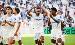 L'attaquant de Marseille Pierre-Emerick Aubameyang (c) buteur contre Le Havre, le 8 octobre 2023 au Stade Vélodrome